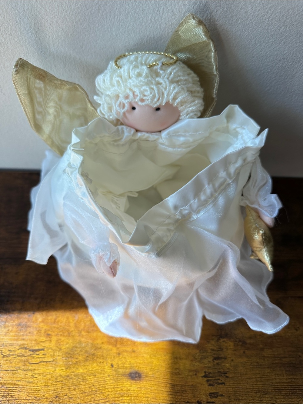 Vintage Christmas Angel Doll Drawstring Gift Bag Pouch White Chiffon Gold Gown